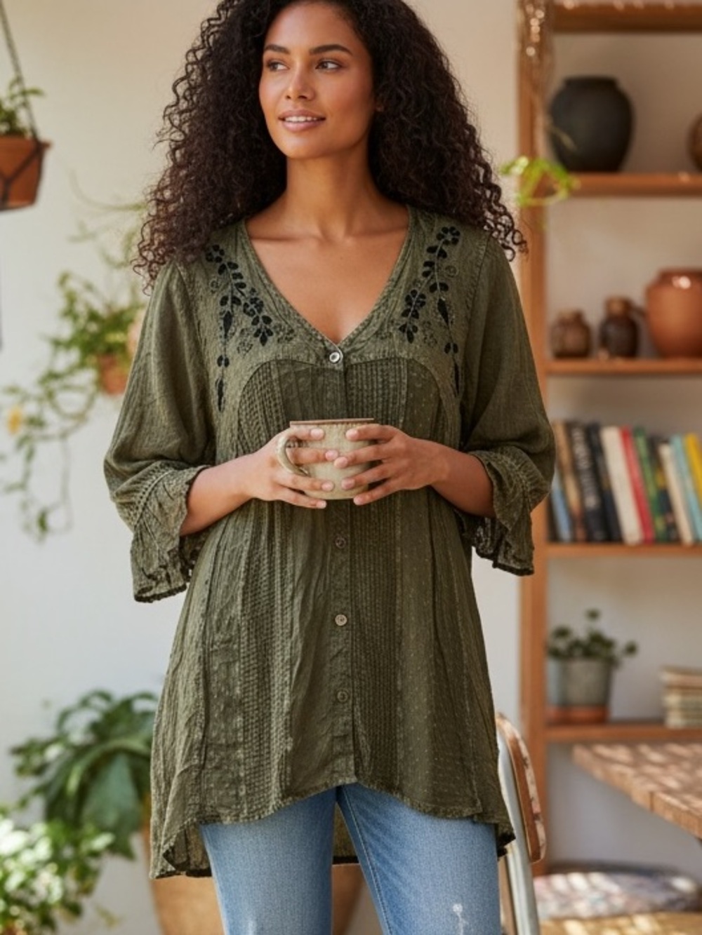 YOUNG THREADS NWT Olive Green Embroidered V-Neck Tunic Top